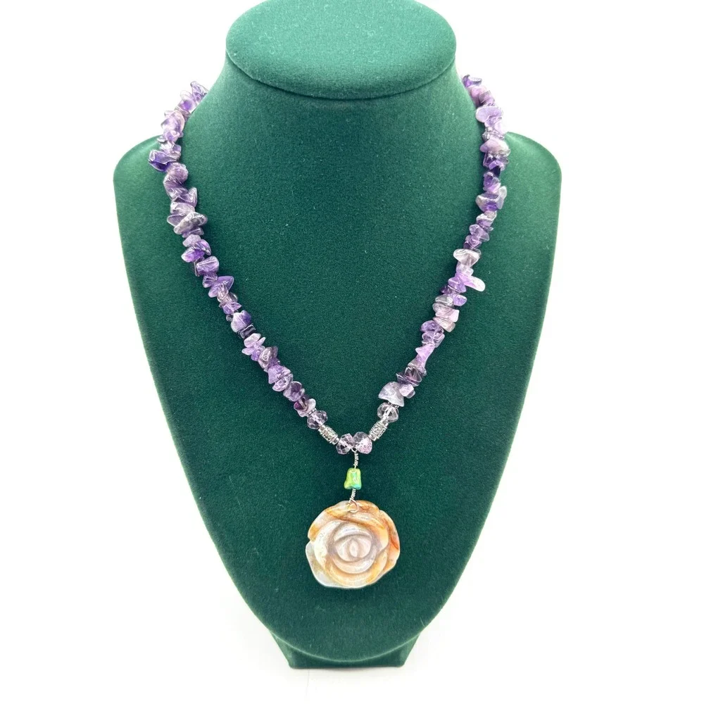Handmade Amethyst Chip Necklace Carved Agate Rose Pendant Purple Earthy Boho